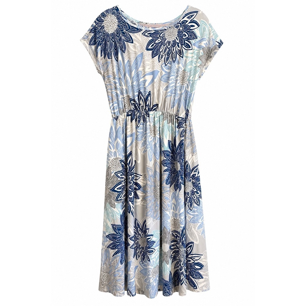 NWT Amelia James Floral Midi Dress 2XL Soft Knit Pockets Stretch Waist Travel